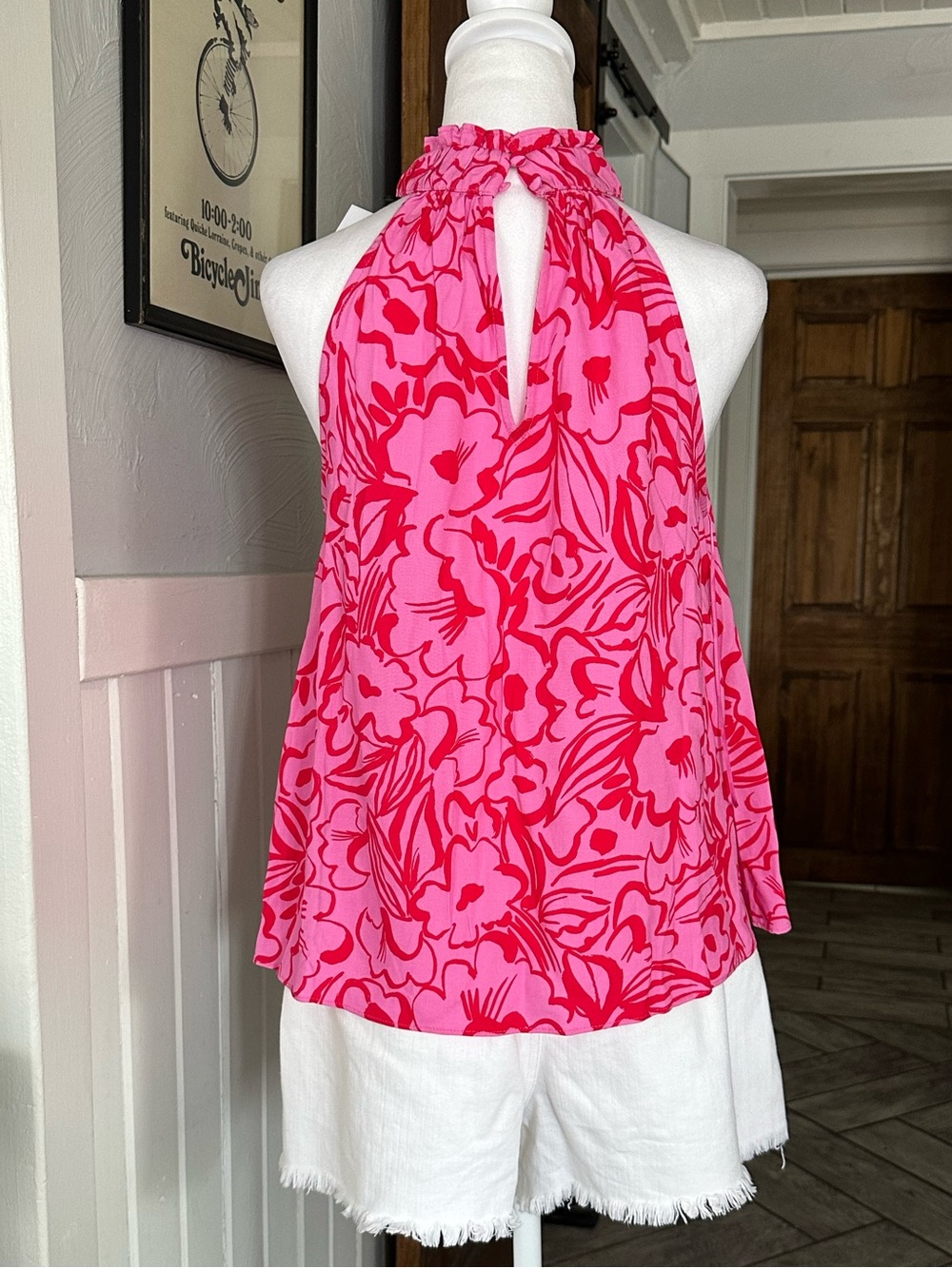 Sugarlips Pink and Red Halter Top Malia Floral Malpais Shirred Trapeze - Picture 5 of 10